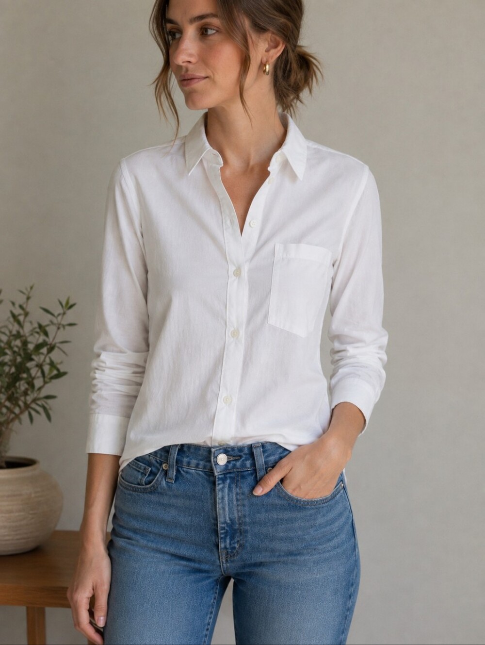 Women's White Button-Down Shirt - Clean Pocket Front